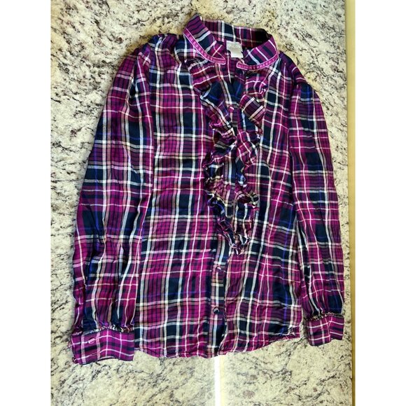 Chicos Womens Shirt Small Ruffled Purple Black Plaid Button-Up Preppy Academia - Picture 4 of 8